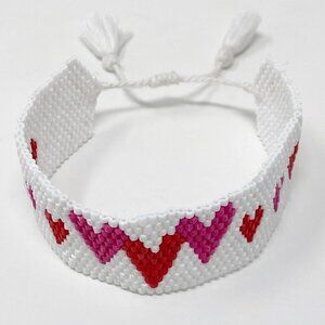 White Seed Bead Adjustable Hearts Bracelet